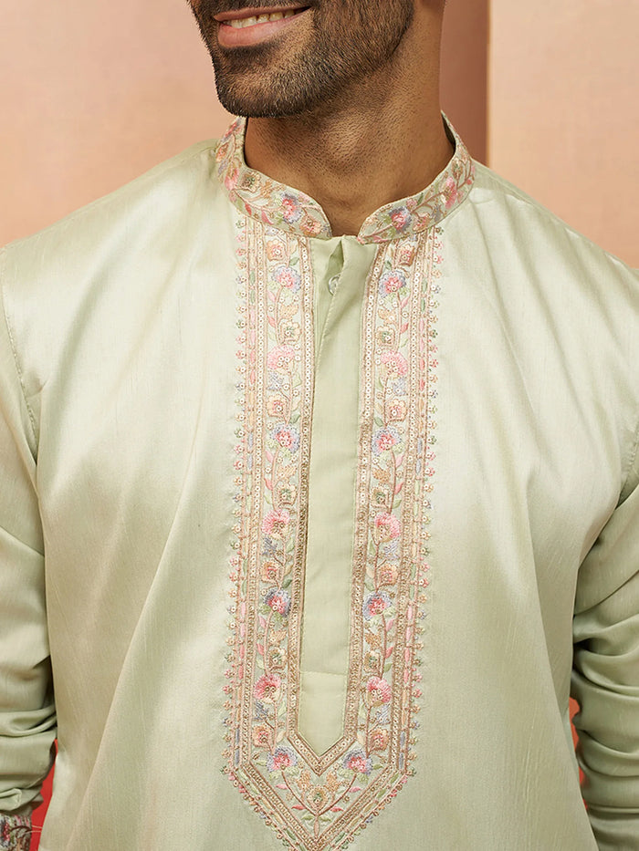 Vastramay Men Pista Green Silk Embroidered Mid Kurta