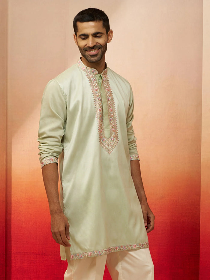 Vastramay Men Pista Green Silk Embroidered Mid Kurta