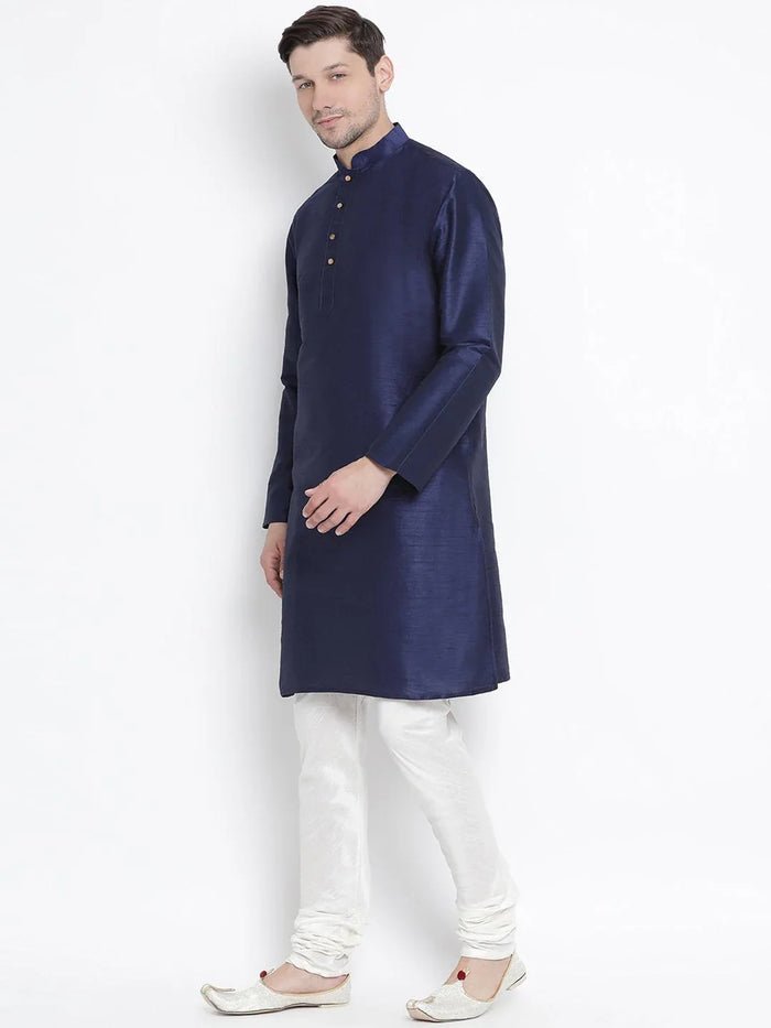 VASTRAMAY Men's Dark Blue Cotton Silk Blend Kurta and Pyjama Set