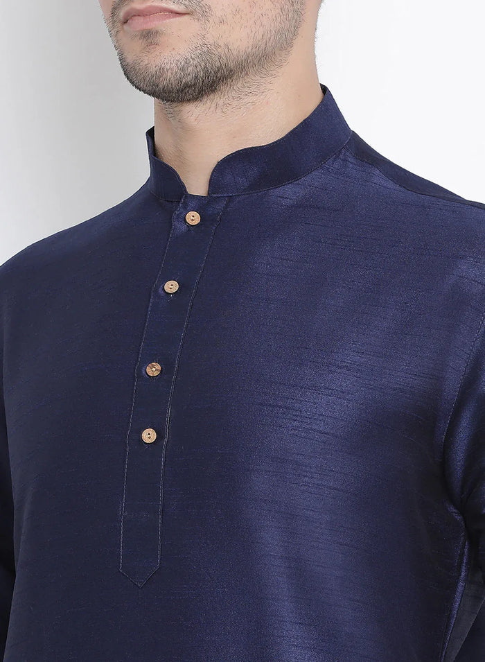 VASTRAMAY Men's Dark Blue Cotton Silk Blend Kurta and Pyjama Set