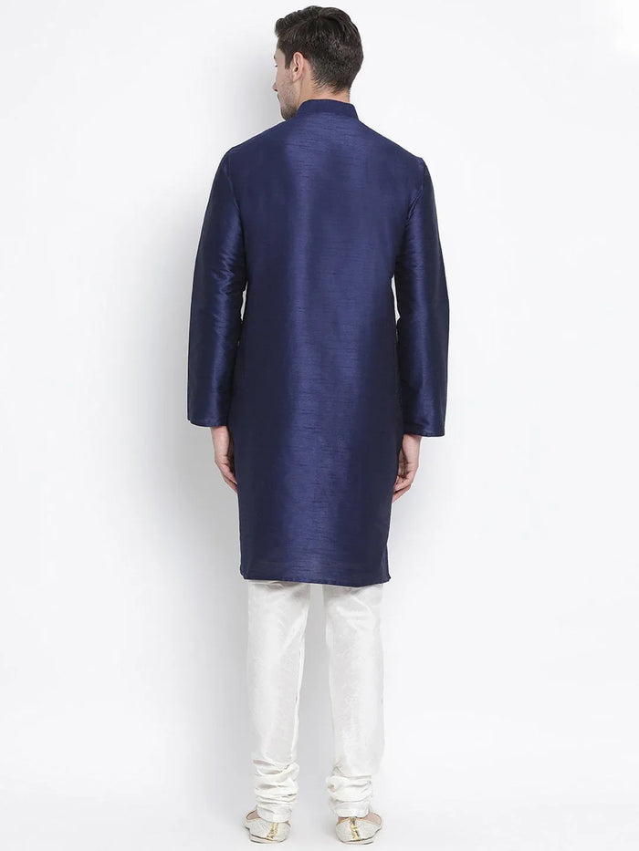 VASTRAMAY Men's Dark Blue Cotton Silk Blend Kurta and Pyjama Set
