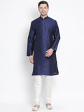 VASTRAMAY Men's Dark Blue Cotton Silk Blend Kurta and Pyjama Set