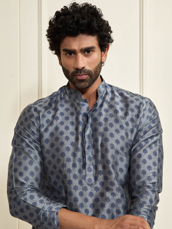VASTRAMAY Men's Grey Cotton Silk Blend Kurta