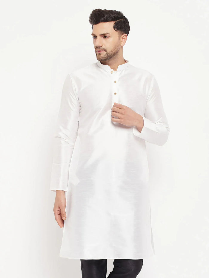 VASTRAMAY Men's White Cotton Silk Blend Kurta