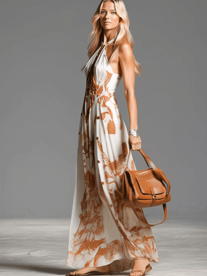 Vintage Bohemia Halter Neck Brown Western Print Off White Chiffon Split Maxi Dress  - By Qivii