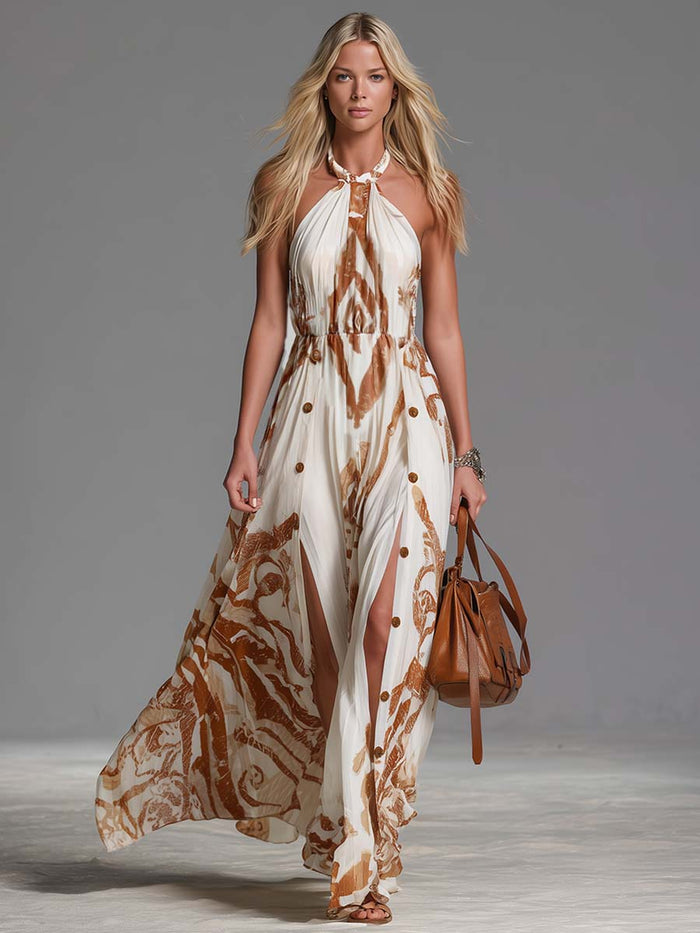 Vintage Bohemia Halter Neck Brown Western Print Off White Chiffon Split Maxi Dress  - By Qivii