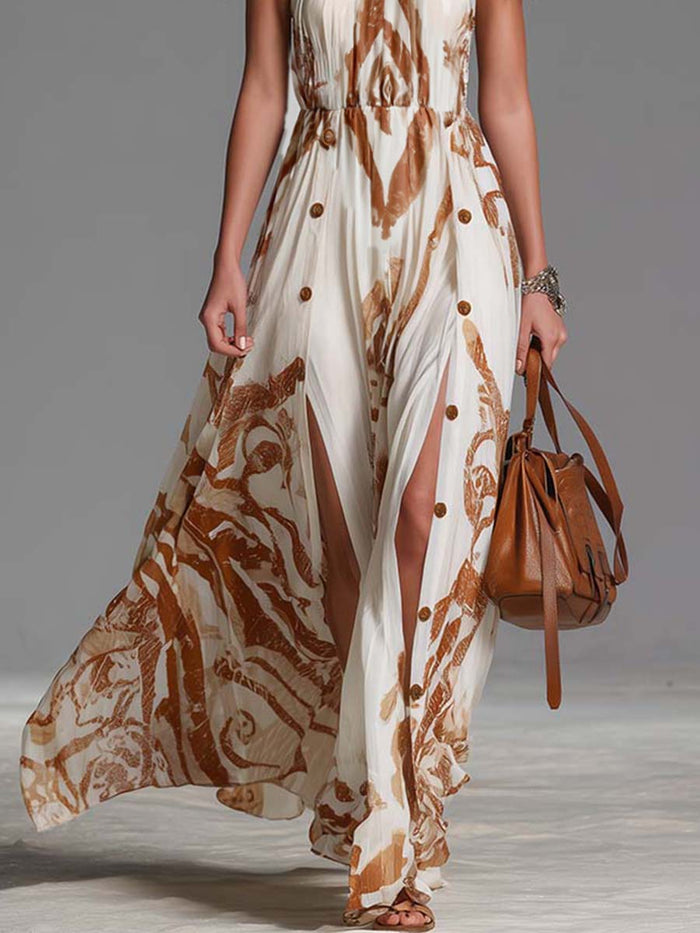 Vintage Bohemia Halter Neck Brown Western Print Off White Chiffon Split Maxi Dress  - By Qivii