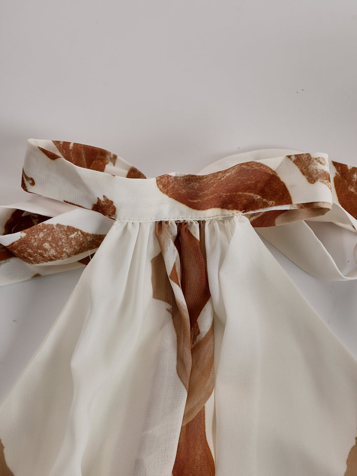 Vintage Bohemia Halter Neck Brown Western Print Off White Chiffon Split Maxi Dress  - By Qivii