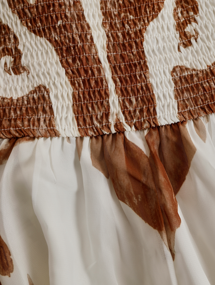 Vintage Bohemia Halter Neck Brown Western Print Off White Chiffon Split Maxi Dress  - By Qivii