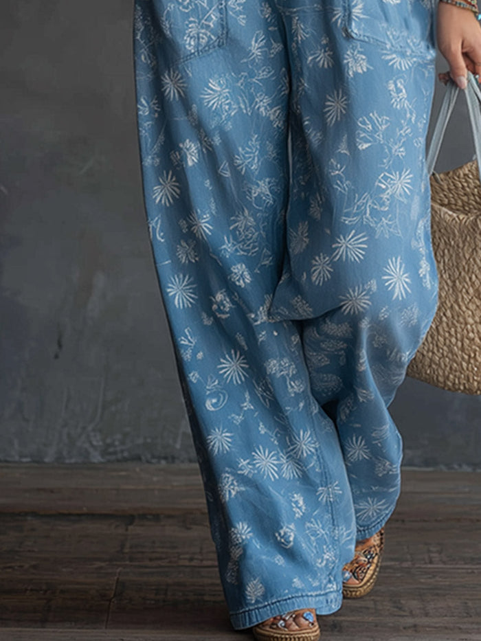 Vintage-inspired Romantic Blue Denim Floral Print Square-neck Jumpsuit  - By Qivii
