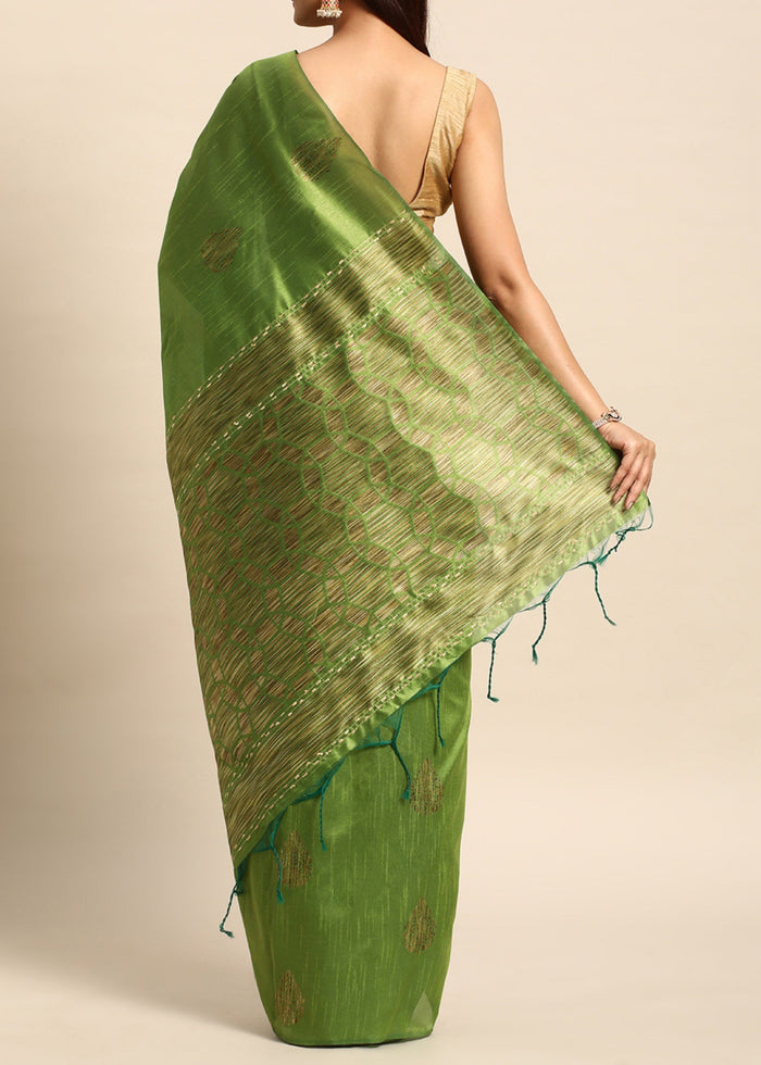 Waitrose Green Woven Handloom Raw Silk Saree - qivii