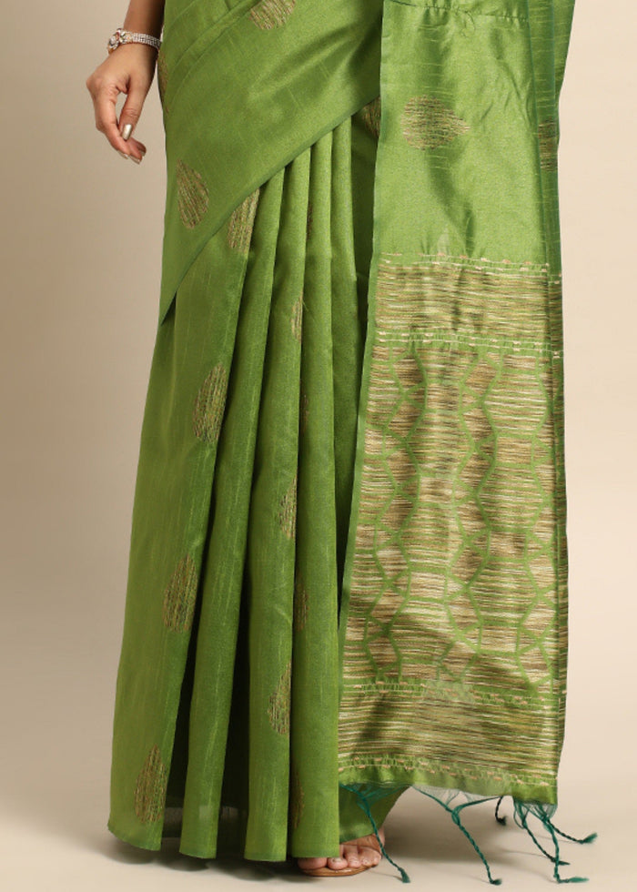 Waitrose Green Woven Handloom Raw Silk Saree - qivii