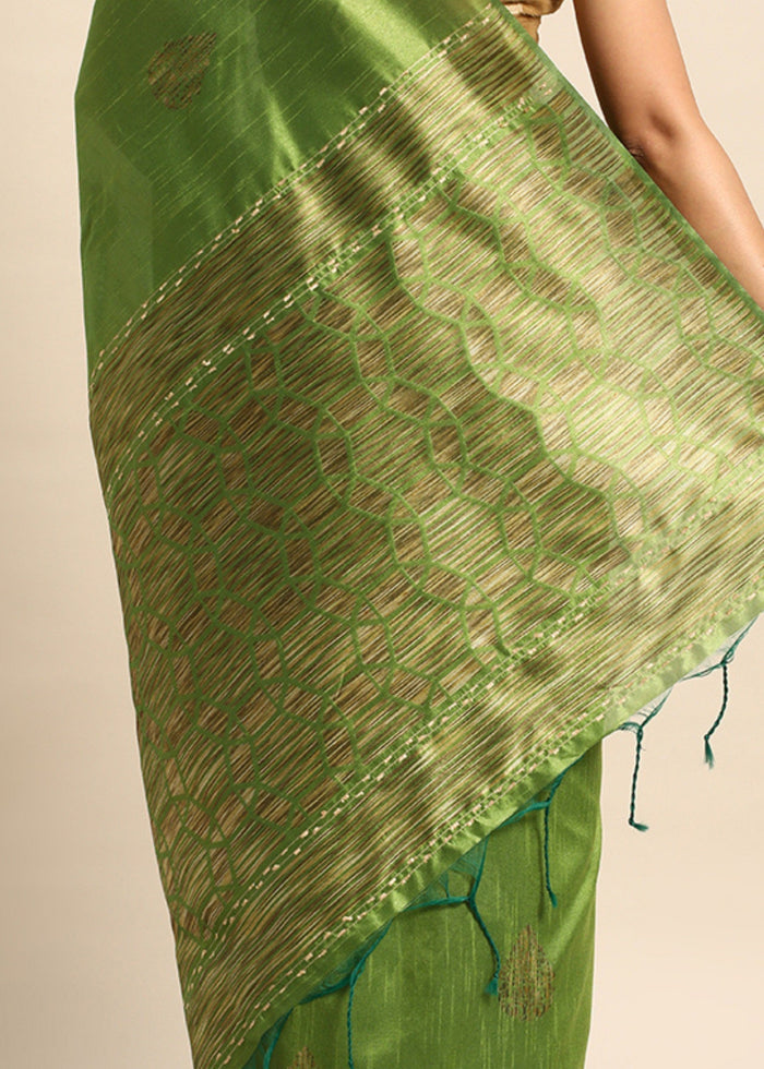 Waitrose Green Woven Handloom Raw Silk Saree - qivii