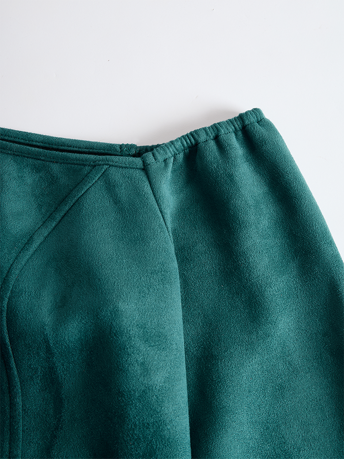 Western Green Faux Suede One-Shoulder Slit Patchwork Tassel Midi Dress  - By Qivii