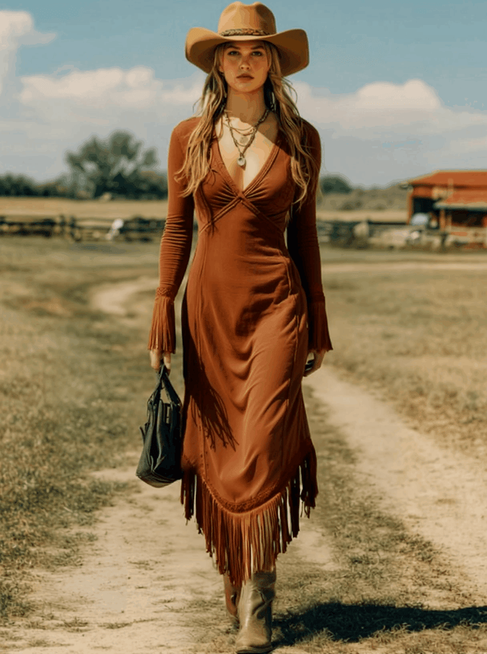 Western Retro Brick Red Cotton Long Sleeve Tassel Maxi Dress  - By Qivii