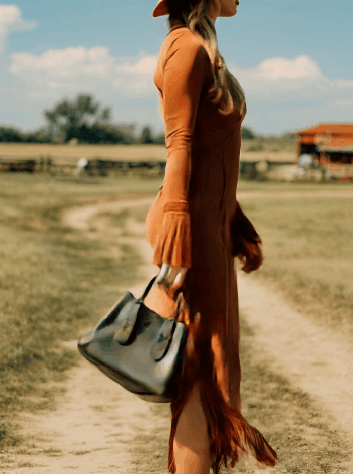Western Retro Brick Red Cotton Long Sleeve Tassel Maxi Dress  - By Qivii