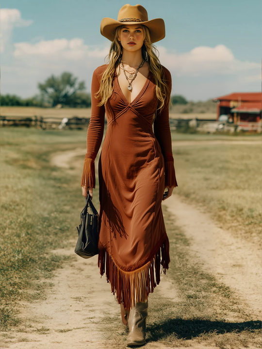 Western Retro Brick Red Cotton Long Sleeve Tassel Maxi Dress  - By Qivii