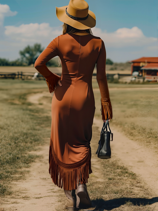 Western Retro Brick Red Cotton Long Sleeve Tassel Maxi Dress  - By Qivii