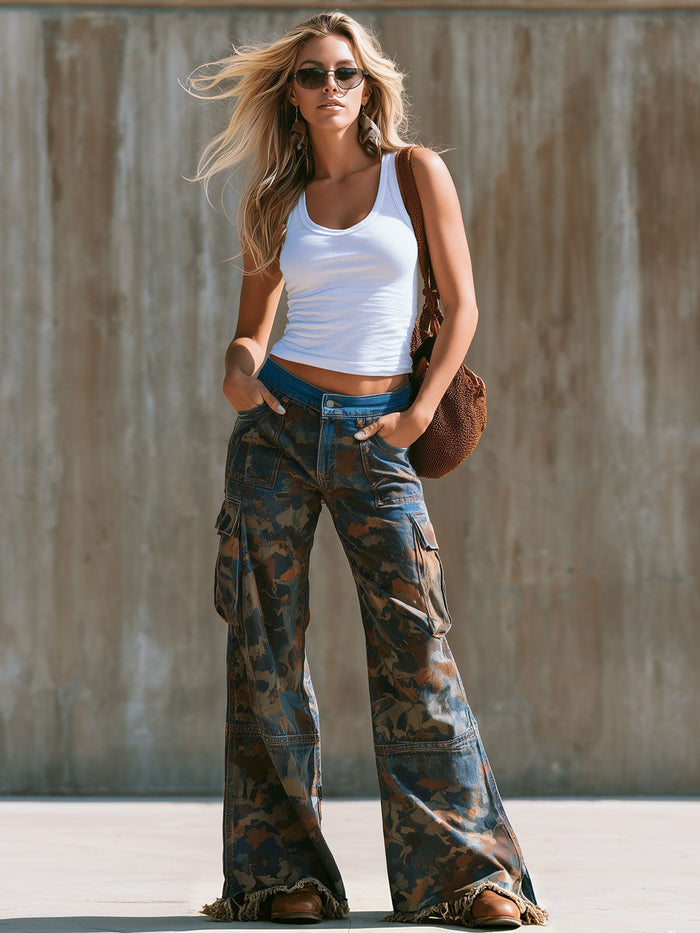 Western Retro Frayed Color-blocked Camouflage Jeans  - By Qivii