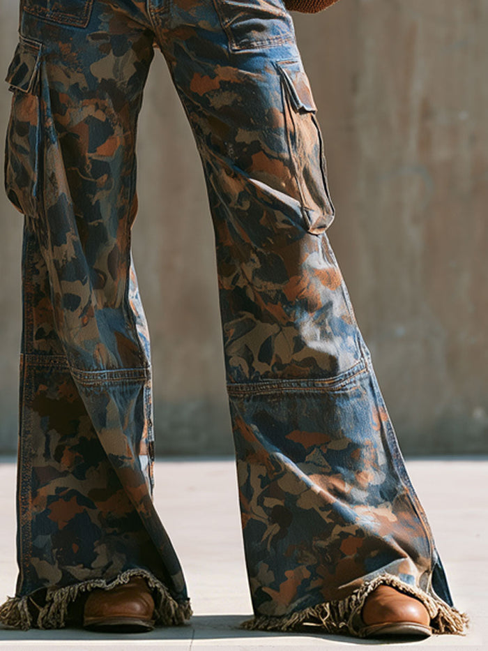 Western Retro Frayed Color-blocked Camouflage Jeans  - By Qivii