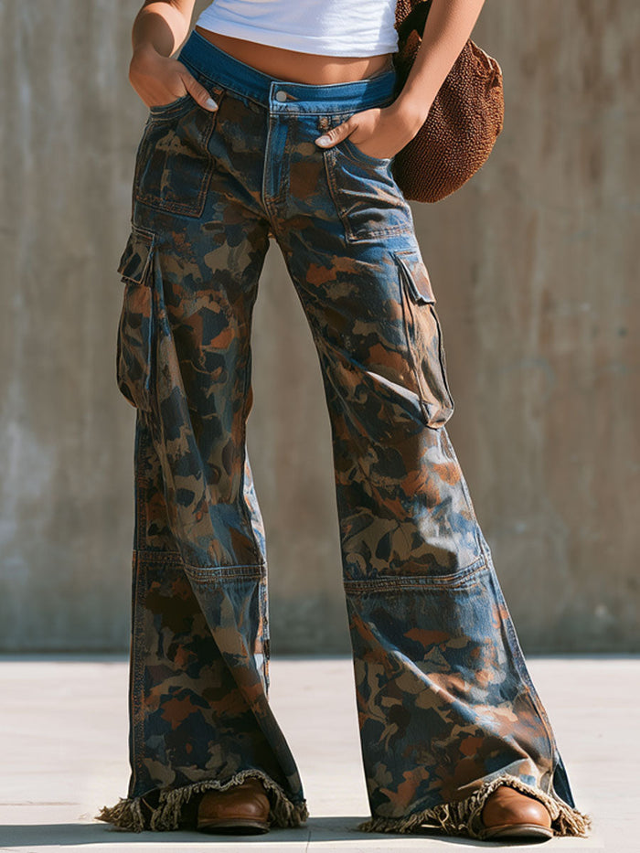 Western Retro Frayed Color-blocked Camouflage Jeans  - By Qivii