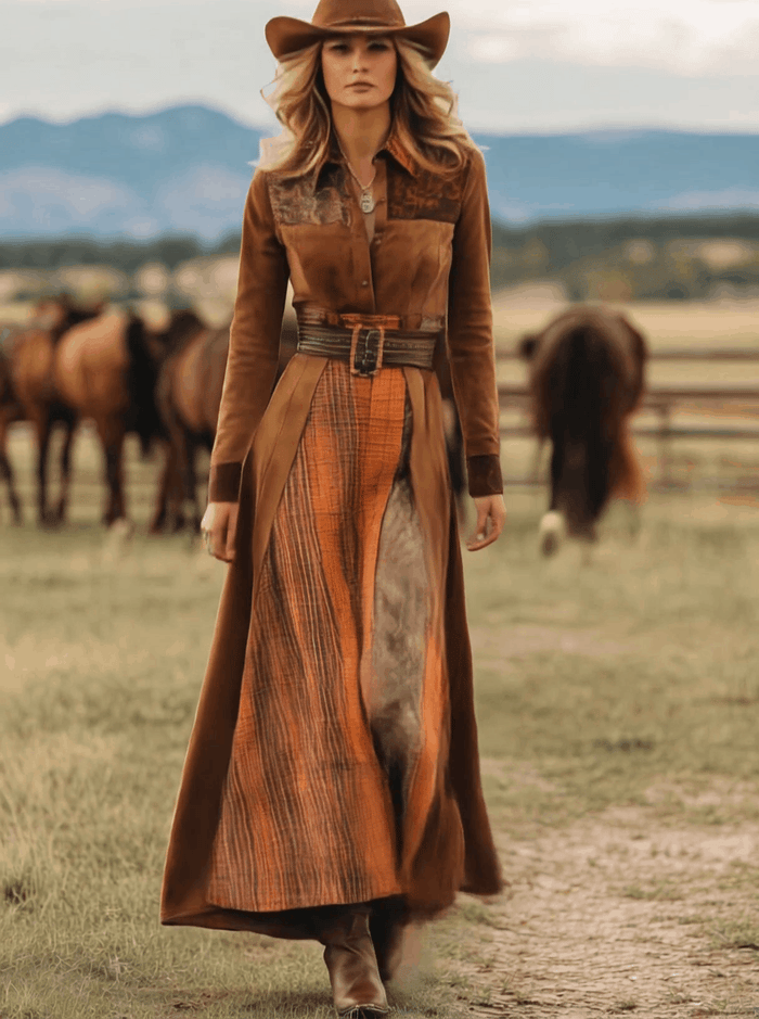 Western Retro Lace-Up Plaid Patchwork Caramel Faux Suede Maxi Dress  - By Qivii