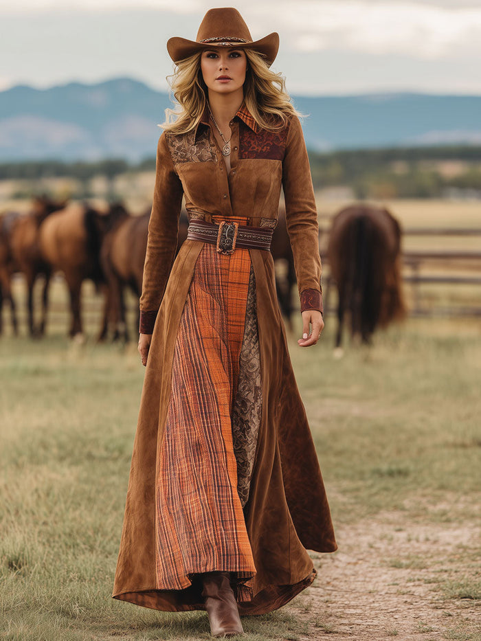 Western Retro Lace-Up Plaid Patchwork Caramel Faux Suede Maxi Dress  - By Qivii