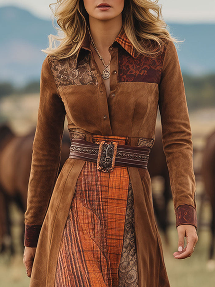 Western Retro Lace-Up Plaid Patchwork Caramel Faux Suede Maxi Dress  - By Qivii