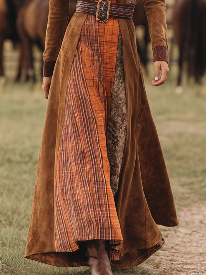 Western Retro Lace-Up Plaid Patchwork Caramel Faux Suede Maxi Dress  - By Qivii