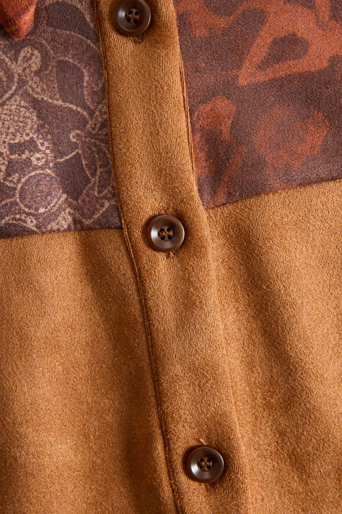 Western Retro Lace-Up Plaid Patchwork Caramel Faux Suede Maxi Dress  - By Qivii