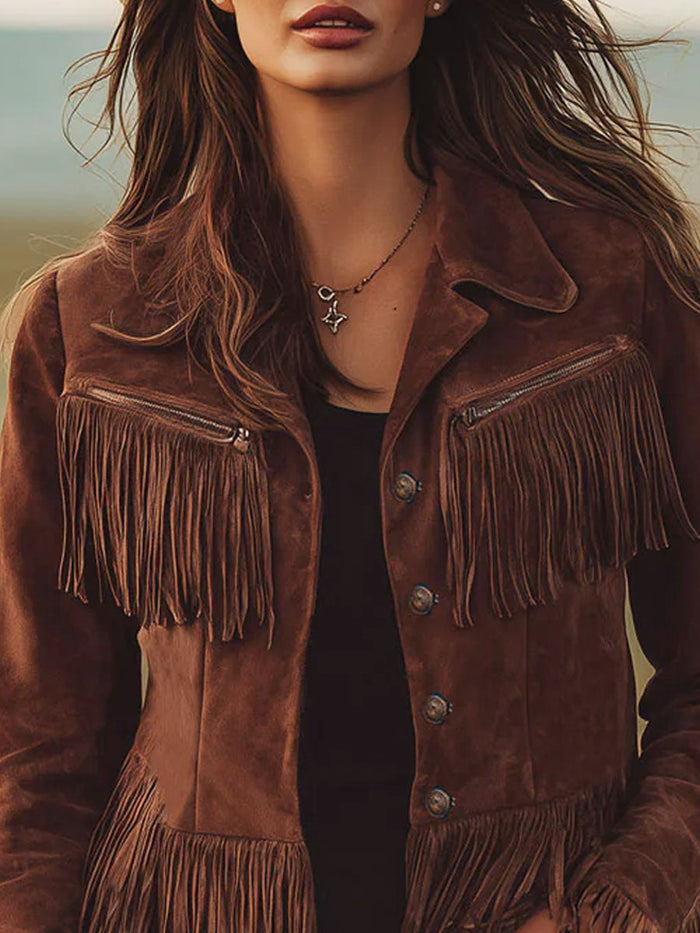 Western-style Brown Suede Tassel Zip-up Jacket  - By Qivii