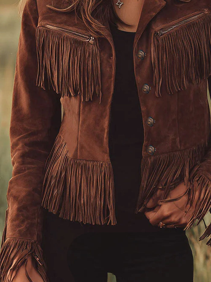 Western-style Brown Suede Tassel Zip-up Jacket  - By Qivii