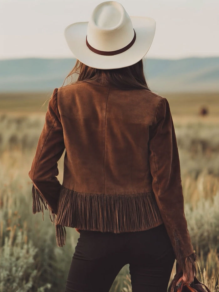 Western-style Brown Suede Tassel Zip-up Jacket  - By Qivii