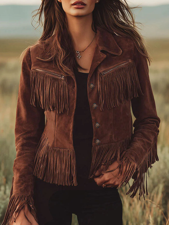 Western-style Brown Suede Tassel Zip-up Jacket  - By Qivii