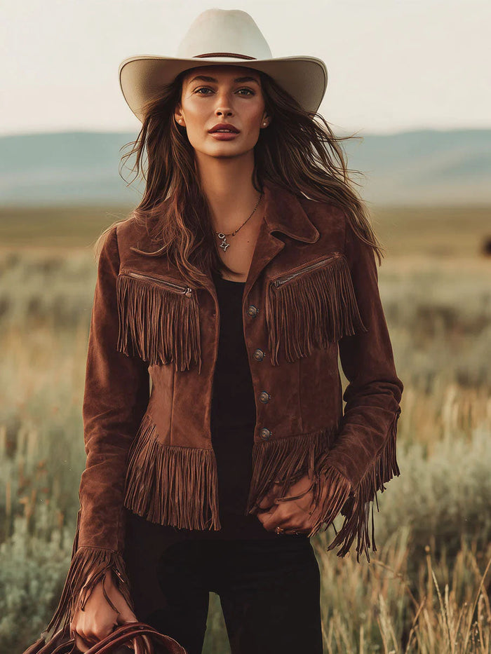 Western-style Brown Suede Tassel Zip-up Jacket  - By Qivii