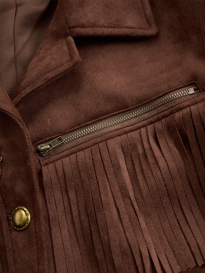 Western-style Brown Suede Tassel Zip-up Jacket  - By Qivii