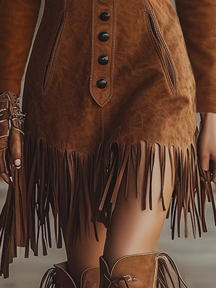 Western Style Tassel Brown Faux Suede Long Seleve Mini Dress  - By Qivii