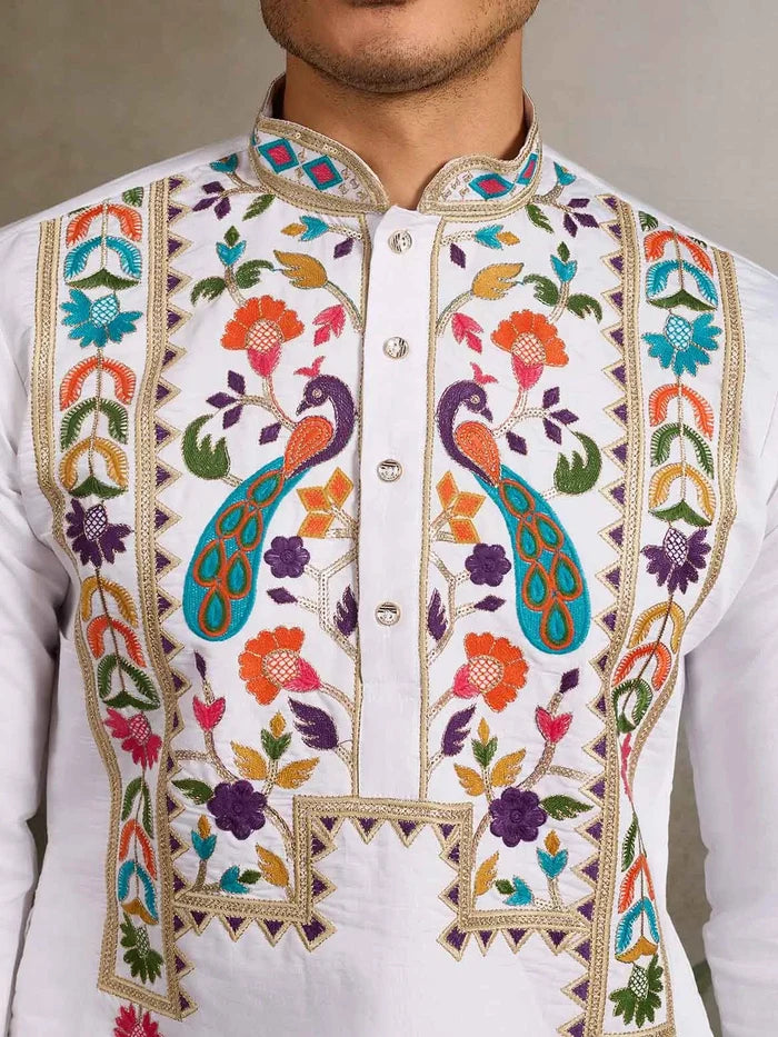 White Multi Thread And Sequins Embroidery Work Festive Wear Kurta Set