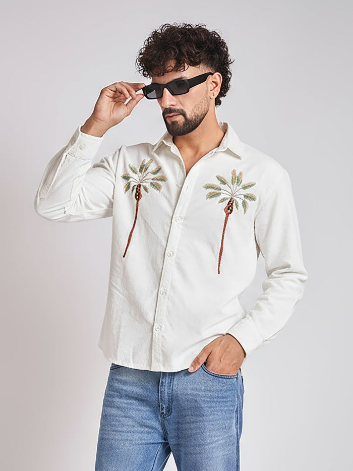 White Palm Embroidery Corduroy Shirt