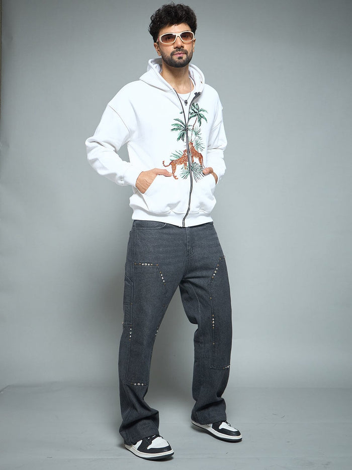 White Tropical Tiger Embroidery Hoodie