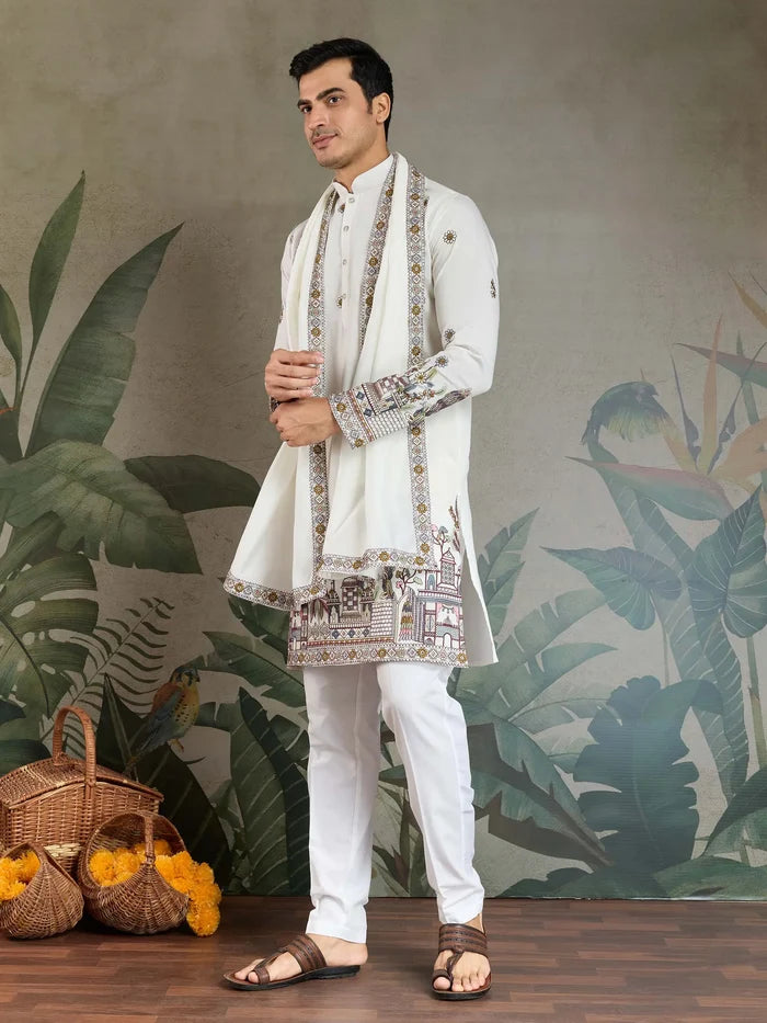 White Viscose Silk Thread & Sequence Embroidered Work Kurta With Pant & Dupatta