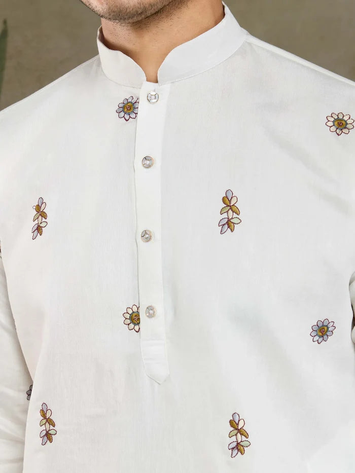 White Viscose Silk Thread & Sequence Embroidered Work Kurta With Pant & Dupatta