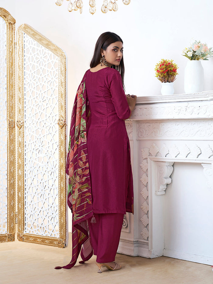 Wine Dola Ethnic Motifs Jacquard Kurta Suit Set