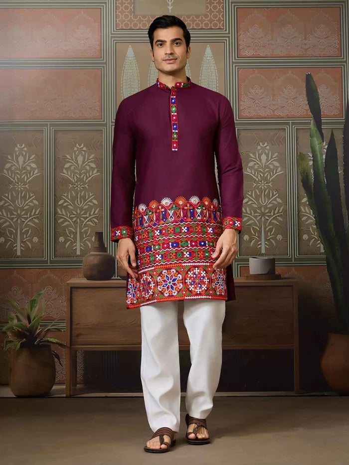 Wine Multi Thread And Real Mirror Work Kurta Set For Navratri