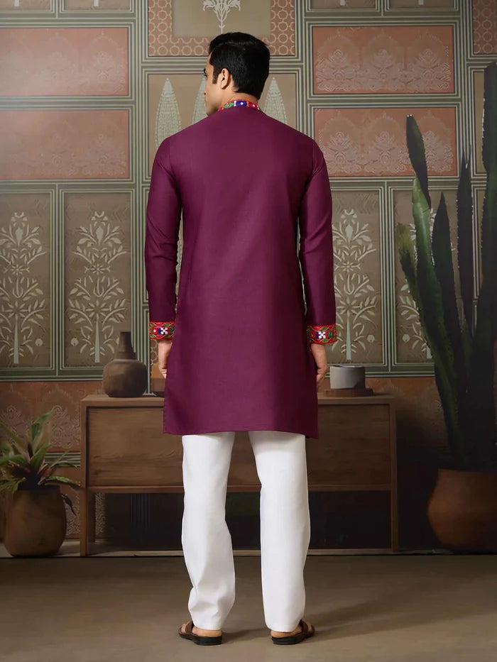 Wine Multi Thread And Real Mirror Work Kurta Set For Navratri