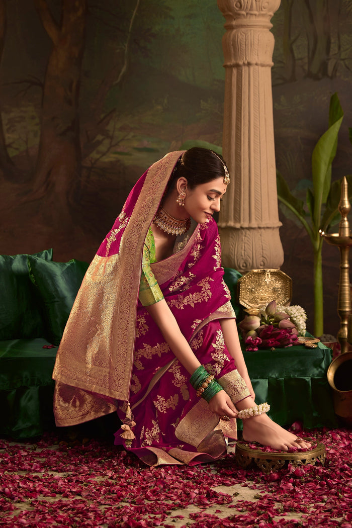 Wine Pure Crepe Dola Silk With Heavy Viewing Work And Tussles On Pallu Saree - qivii