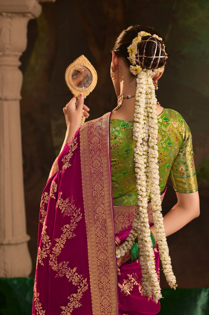 Wine Pure Crepe Dola Silk With Heavy Viewing Work And Tussles On Pallu Saree - qivii