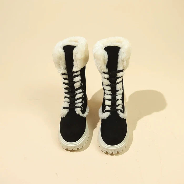 Winter New Women's Velvet Mid-Tube Cotton Boots with Thickened Lining and Height-Enhancing Design