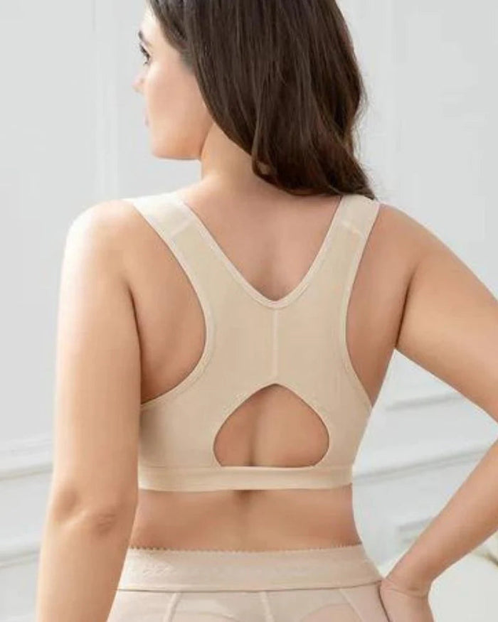 Women Beige Front Closure Adjustable Straps Wirefree Support Sports Bra - By Qivii
