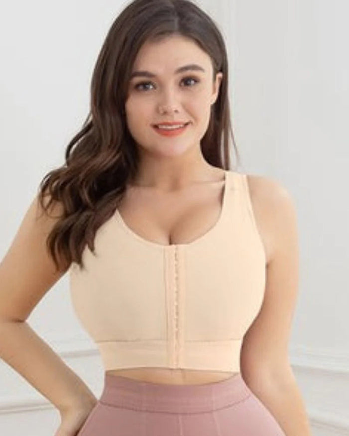 Women Front Closure Wirefree Padded Support Workout Crop Beige Sports Bra - By Qivii
